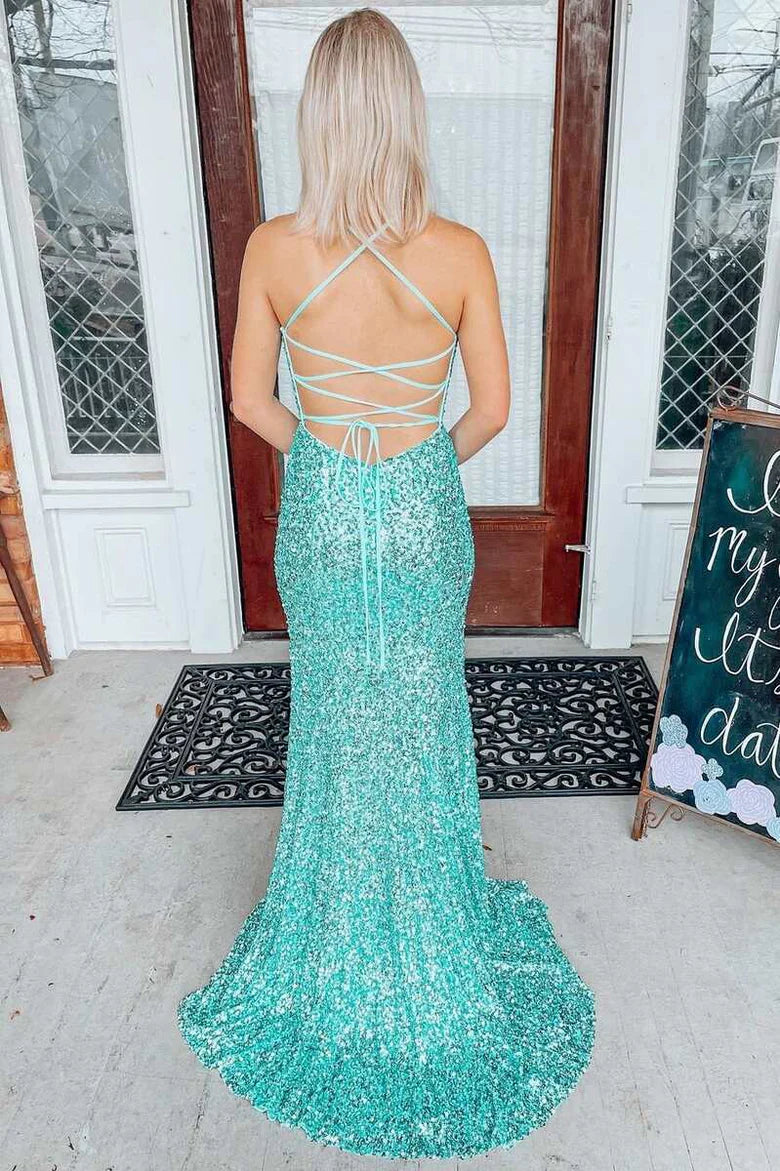 Vestido de fiesta de sirena con espalda con cordones y lentejuelas